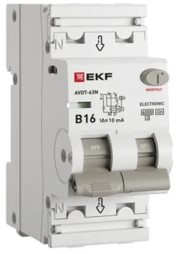 

Автомат дифференциальный EKF D63N26EA16B10 АВДТ-63N 1P+N 16А (B) 10мА (A) эл 6кА PROXIMA, D63N26EA16B10