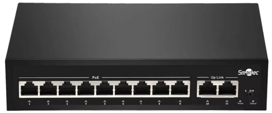 Коммутатор неадминистрируемый Smartec ST-NS309MB-MD 9 RJ-45 POE портов (10/100 Мбит/с), 2 RJ-45 Uplink порта (10/100 Мбит/с), бюджет на порт до 30 Вт,