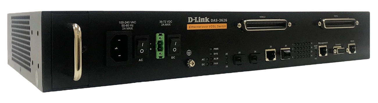 

Коммутатор D-link DAS-3626/A1A VDSL2 IP DSLAM с 24 VDSL-портами и 2 комбо-портами 1000BaseT/SFP, DAS-3626/A1A