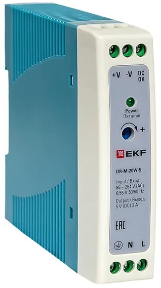 

Блок питания EKF DR-M-20W-5 на дин рейку 20 вт, 220 В AC /5 В DC, DR-M-20W-5