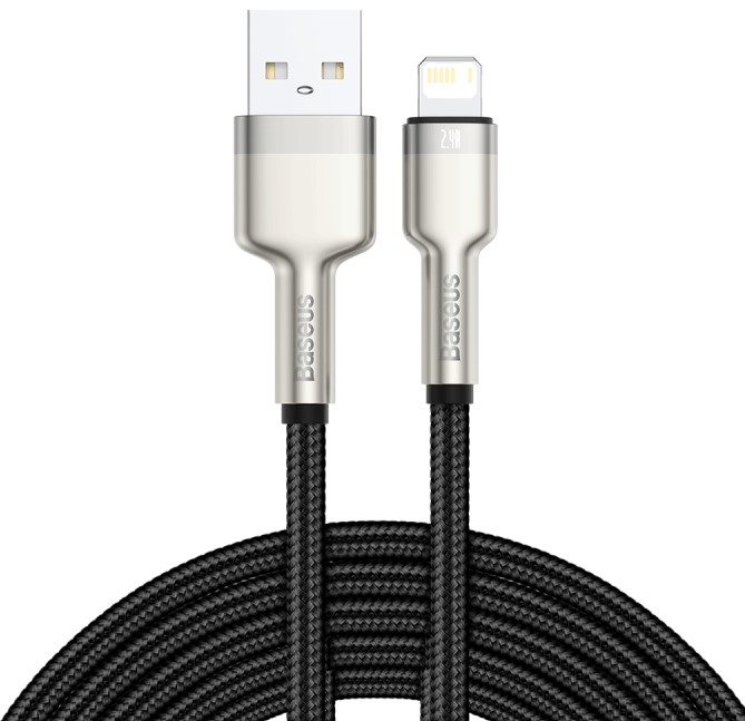 

Кабель интерфейсный Baseus CALJK-B01 USB Type A - Lightning 2.4A 2m, цинковый сплав + нейлоновая оплётка, black, CALJK-B01