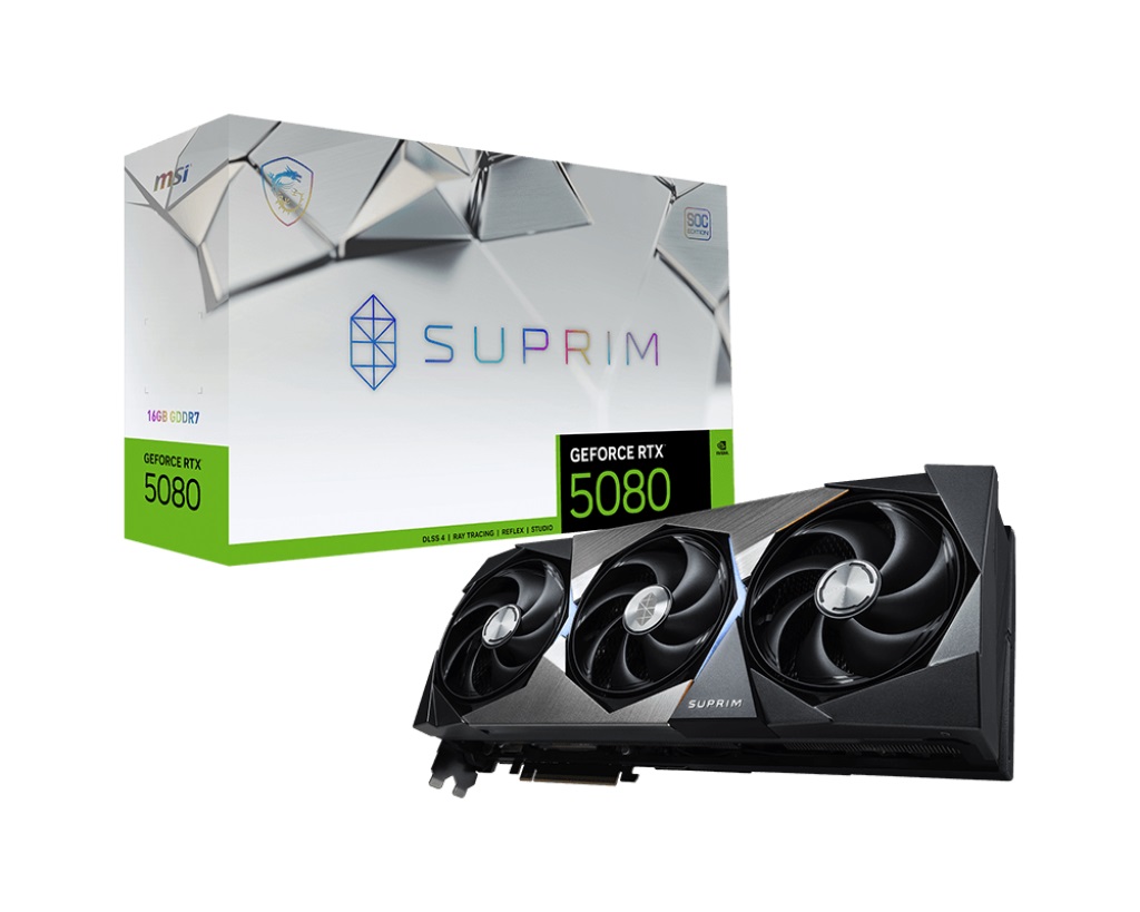

Видеокарта PCI-E MSI GeForce RTX 5080 SUPRIM SOC (RTX 5080 16G SUPRIM SOC) 16GB GDDR7 256bit 2760/30000MHz 3*DP HDMI, GeForce RTX 5080 SUPRIM SOC (RTX 5080 16G SUPRIM SOC)