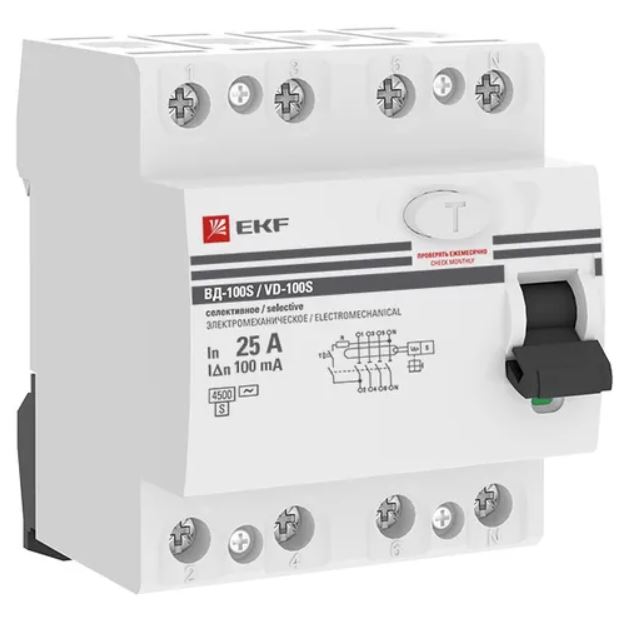 

УЗО EKF elcb-4-25-100S-em-pro ВД-100 4P (S) 25А 100мА тип АС электромеханический 4,5кА селективный PROXIMA, elcb-4-25-100S-em-pro