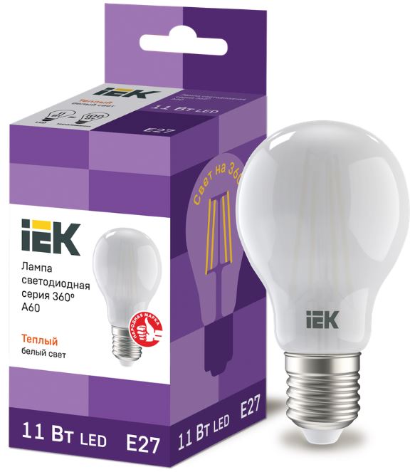 

Лампа светодиодная IEK LLF-A60-11-230-30-E27-FR филаментная A60 груша матовая 11Вт 230В 3000К E27 серия 360°, LLF-A60-11-230-30-E27-FR
