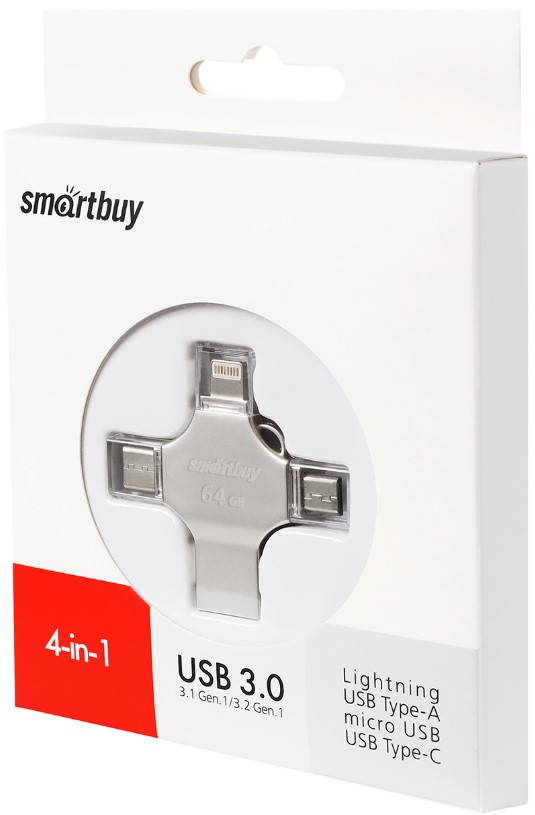 

Накопитель USB 3.0 32GB SmartBuy SB064GBMC15 MC15 Metal Quad 4-in-1 (Lightning + USB Type-A + USB Type-C + micro USB) серебро металл, SB064GBMC15