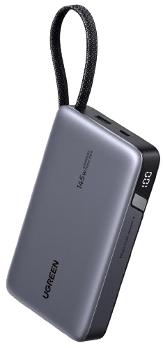 

Аккумулятор внешний портативный UGREEN PB551 55992B 145W Power Bank 20000mAh USB-C&USB-A со встроенным кабелем USB-C. Цвет: серый космос, PB551