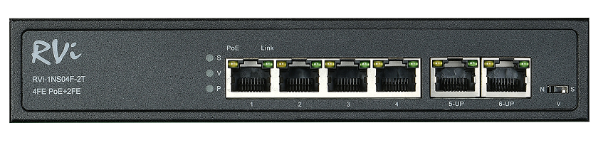 

Коммутатор RVi RVi-1NS04F-2T 6*(10/100 М), PoE 4шт., суммарная мощность потребителей 65 Вт; AC 100-240 В, RVi-1NS04F-2T