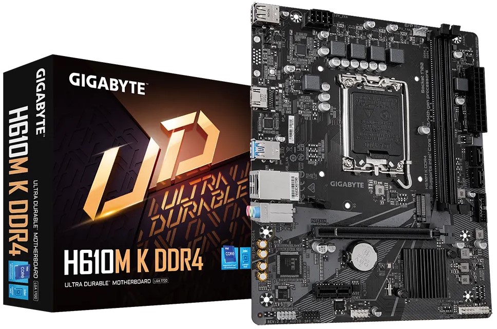

Материнская плата mATX GIGABYTE H610M K DDR4 2.0 (LGA1700, H610, 2*DDR4(3200), 2*SATA 6G RAID, M.2, PCI-E, Glan, 2*USB 3.2, 4*USB 2.0, HDMI), H610M K DDR4 2.0