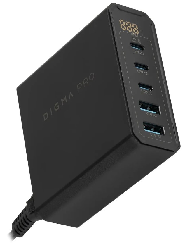 

Зарядное устройство сетевое Digma Pro DPW10A DPW1A4G024BK настольное 140W 5A (PD+QC) 3хUSB-C/2xUSB-A универсальное черный, Pro DPW10A