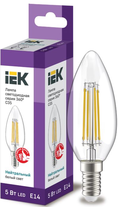 

Лампа светодиодная IEK LLF-C35-5-230-40-E14-CL филаментная C35 свеча прозрачная 5Вт 230В 4000К E14 серия 360°, LLF-C35-5-230-40-E14-CL