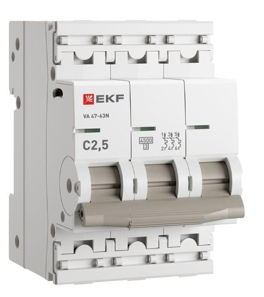 

Автоматический выключатель EKF M63432T5C 3P 2,5А (C) 4,5kA ВА 47-63N PROxima, M63432T5C