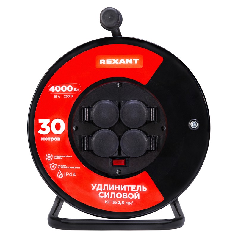 

Удлинитель на катушке Rexant 13-5014 силовой КГ на катушке 4 гнезда, с/з, 30м, 3х2,5мм², IP44 с выключателем, c защитными крышками, металлическая кату, 13-5014