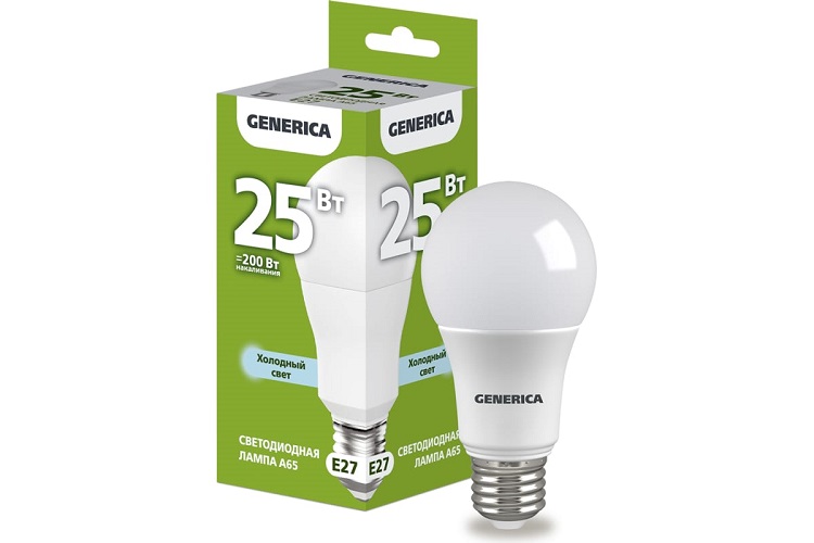 

Лампа светодиодная GENERICA LL-A65-25-230-65-E27-G A65 25Вт грушевидная 6500К E27 230В, LL-A65-25-230-65-E27-G