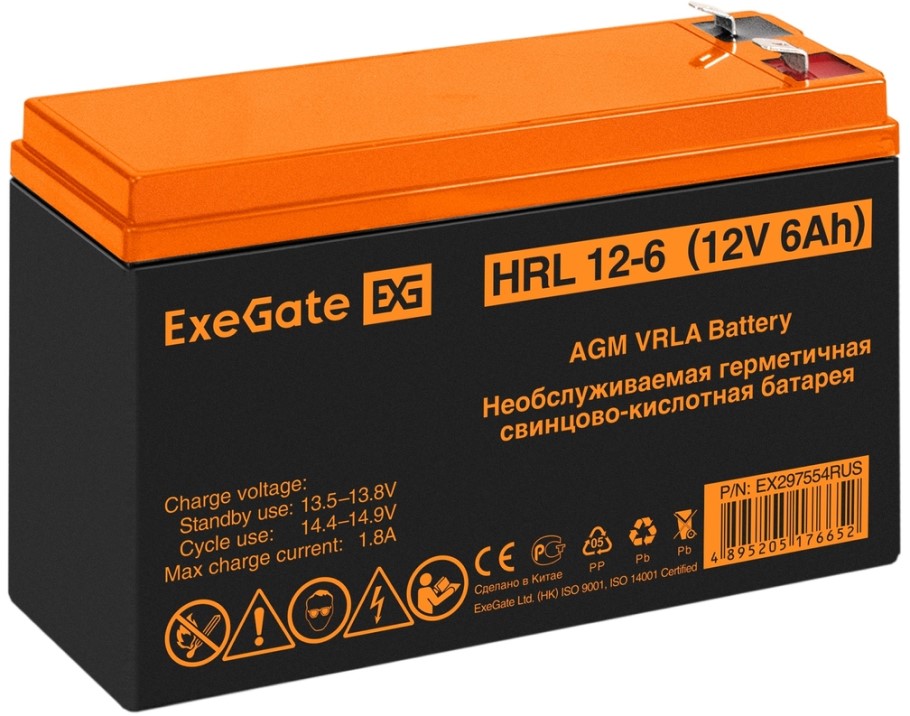 

Батарея Exegate HRL 12-6 EX297554RUS (12V 6Ah 1224W, клеммы F2), HRL 12-6