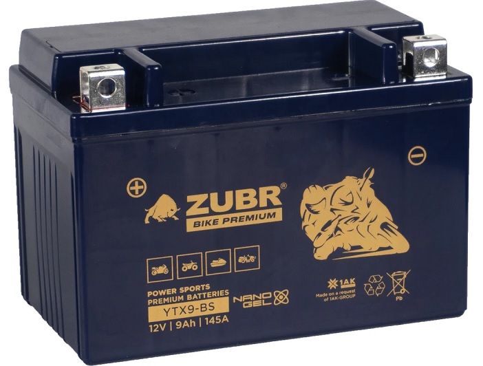 

Батарея ZUBR YTX9-BS (ZubrPrem) (9 Ач, 12 V) Прямая, L+ 150x86x105 (для мототехники), YTX9-BS (ZubrPrem)