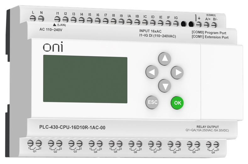 

Модуль ONI PLC-430-CPU-16D10R-1AC-00 ПЛК 430 ЦПУ 16 DI 10 RO 220В AC с Ethernet портом с экраном, PLC-430-CPU-16D10R-1AC-00