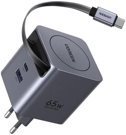 

Зарядное устройство сетевое UGREEN X615 65825_ с выдвижным кабелем 65W GaN Fast Charger USB-C&USB-A with Retractable Cable USB-C. Цвет: серый космос, X615
