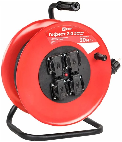 

Удлинитель на катушке EKF UKG02-16-R325-4-20-IP44 "Гефест 2.0" 4 гнезда 20м с заземлением и предохранителем КГ 3*2,5 16А/3,5кВт IP44 PROxima, UKG02-16-R325-4-20-IP44