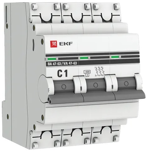 

Автоматический выключатель EKF mcb4763-3-01C-pro 3P 1А (C) 4,5kA ВА 47-63, mcb4763-3-01C-pro