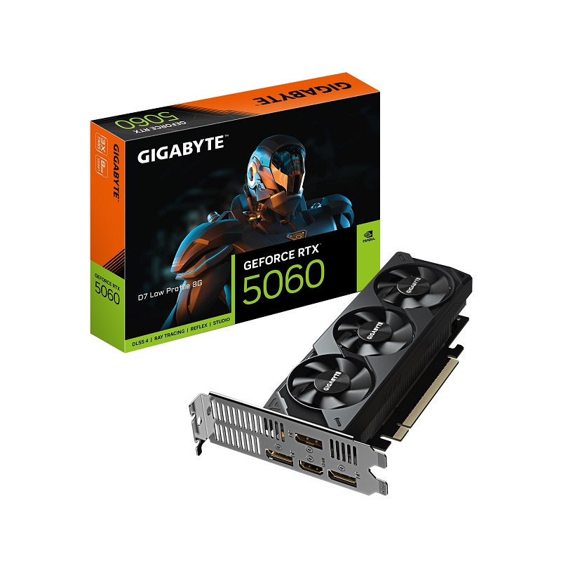 

Видеокарта PCI-E GIGABYTE GeForce RTX 5060 D7 LOW PROFILE (GV-N5060D7-8GL) 8GB GDDR7 128bit 5nm 2497/28000MHz 3*DP HDMI, GeForce RTX 5060 D7 LOW PROFILE (GV-N5060D7-8GL)