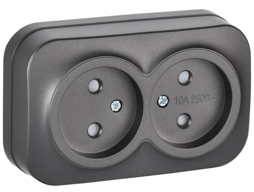 

Розетка двухместная без заземления IEK ERH23-K46M-10 GLORY для открытой установки с защитными шторками 10А РСш22-2-ХСм сталь матовый, ERH23-K46M-10