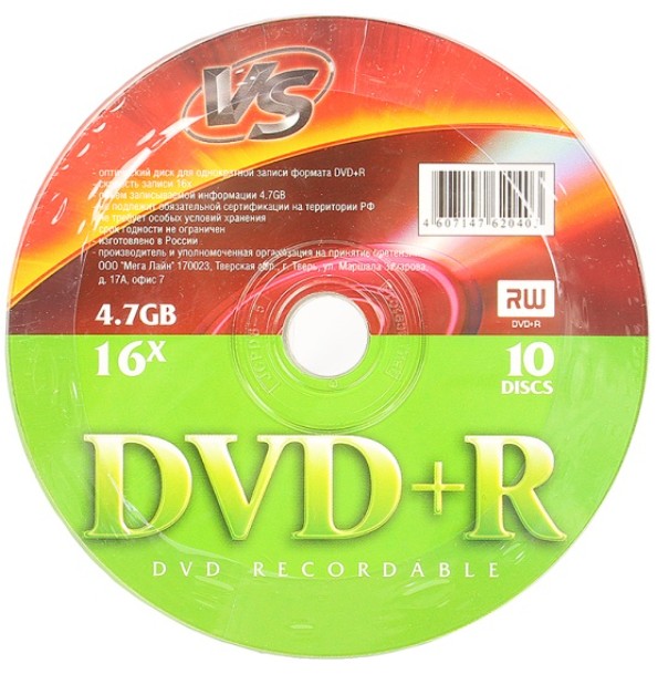 Диск DVD+R VS VSDVDPRS1001 4,7 GB 16x Shrink/10 (620403)