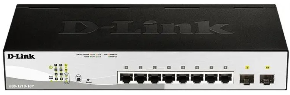 

Коммутатор управляемый D-link DGS-1210-10P/FL2A 8x1000Base-T PoE, 2x1000Base-X SFP, PoE Budget 65W, Surge 6KV, DGS-1210-10P/FL2A