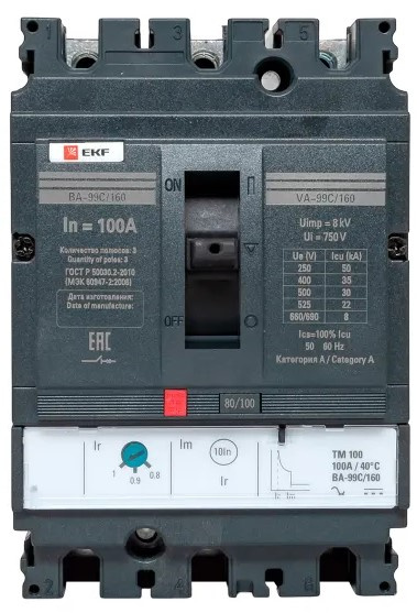 Изображение товара Автоматический выключатель EKF MCBC99C-160-100 в литом корпусе с настроенным диапазоном 80-100 А