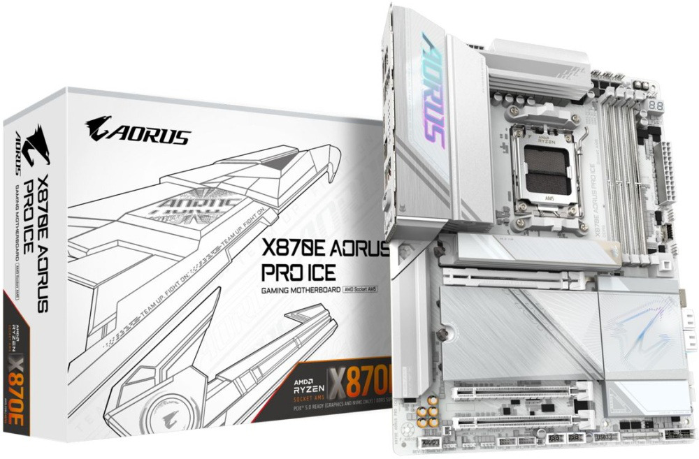 

Материнская плата ATX GIGABYTE X870E AORUS PRO ICE (AM5, AMD X870, 4*DDR5(8000), 4*SATA 6G RAID, 4*M.2, 3*PCI-E, 7.1CH, 7*USB 3.2, 2*USB 2.0, 2*USB 3., X870E AORUS PRO ICE