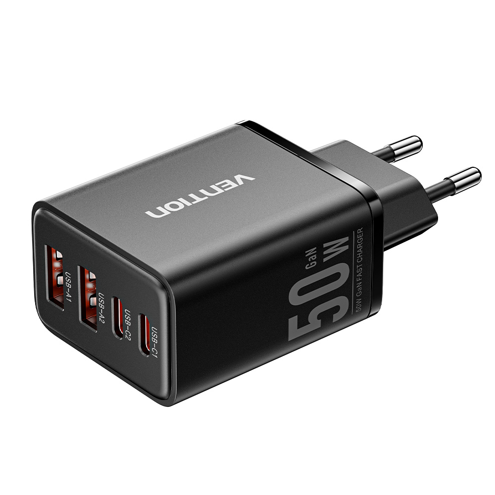 

Зарядное устройство сетевое Vention FCHB0-EU на 4 порта GaN 50W USB (C+C+A+A) чёрный, FCHB0-EU