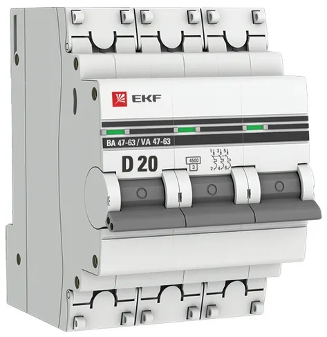 

Автоматический выключатель EKF mcb4763-3-20D-pro 3P 20А (D) 4,5kA ВА 47-63, mcb4763-3-20D-pro