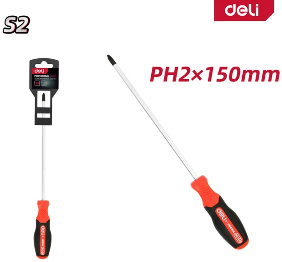 

Отвертка крестовая Deli DL3462 PH2x150мм сталь S2, матовый стержень, двухкомпонентная прорезиненная рукоять, DL3462
