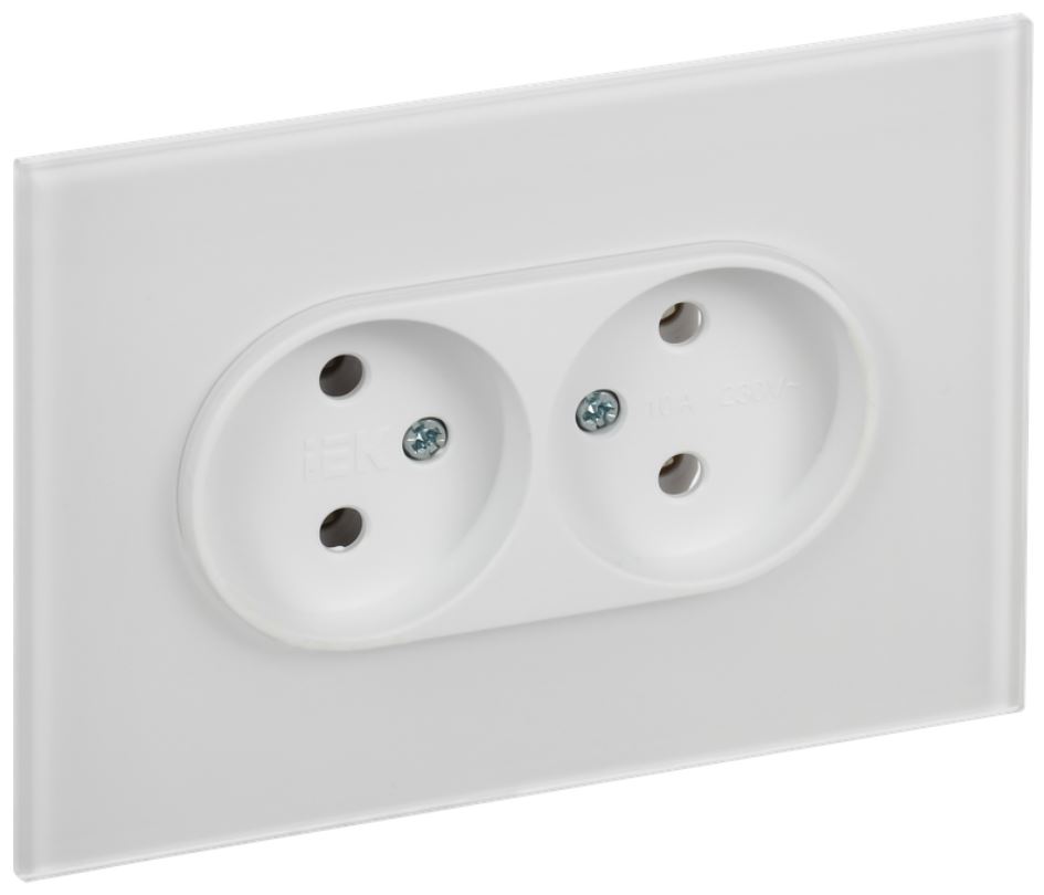 

Розетка двухместная без заземления IEK SK-R20-10-K01 SKANDY без защитных шторок Стекло 10А SK-R03W Арктический белый, SK-R20-10-K01