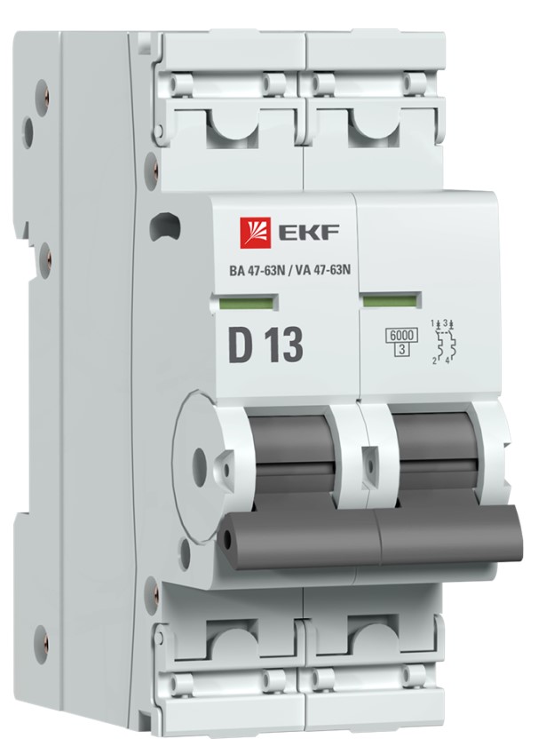 

Автоматический выключатель EKF M636213D 2P 13А (D) 6кА ВА 47-63N PROxima, M636213D