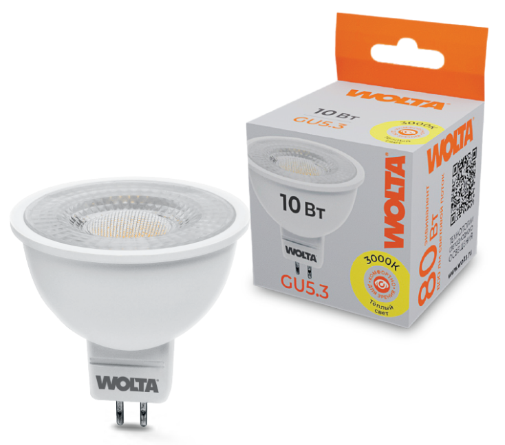 

Лампа светодиодная WOLTA WSTD-MR16-220V10W3KGU5.3-L 10Вт 3000K GU5.3 с линзой, WSTD-MR16-220V10W3KGU5.3-L