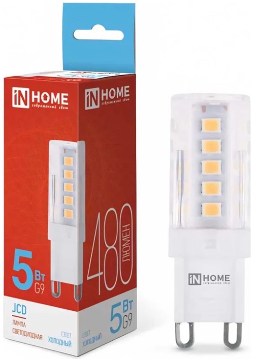 

Лампа светодиодная IN HOME 4690612036342 JCD 5Вт 230В G9 6500К 480Лм, 4690612036342