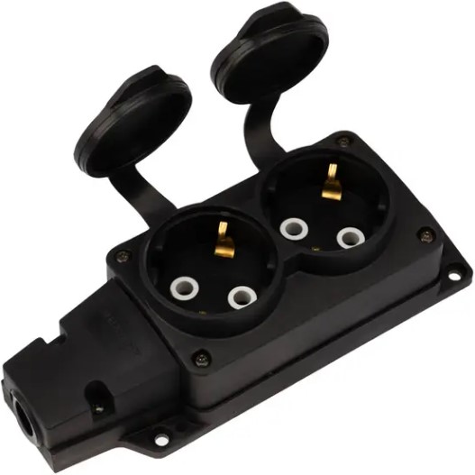 

Розетка кабельная Rexant 111-222 влагозащищенная с крышкой 2 гнезда COMPACT, с/з, 16А, IP54, каучук, черная, 111-222