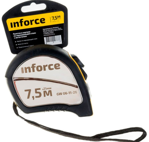 Изображение товара Рулетка Inforce GW 06-11-26 7.5 м, 25 мм строительная с автостопом и креплением