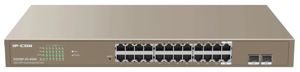 

Коммутатор управляемый IP-Com G3326P-24-410W PoE, 26 портов, 24x1 Гбит/с, SFP 2x1 Гбит/с, PoE 24x30Вт (до 370Вт), G3326P-24-410W