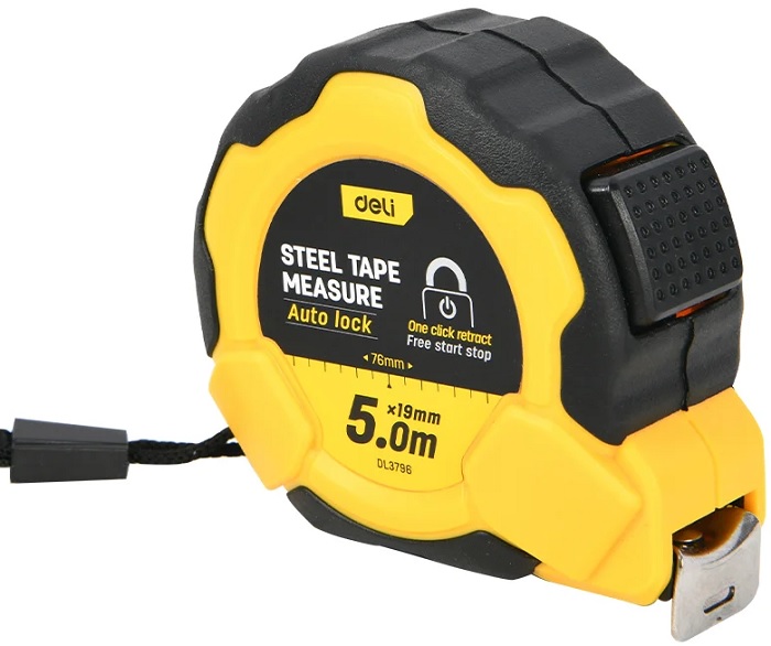 

Рулетка Deli DL3796 5м*19мм, Автостоп, ударопрочный корпус, метрическая, DL3796