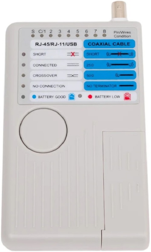 

Тестер ITK WH3468 для витой пары 4в1 RJ45/RJ11/BNC/USB с элем. пит., WH3468