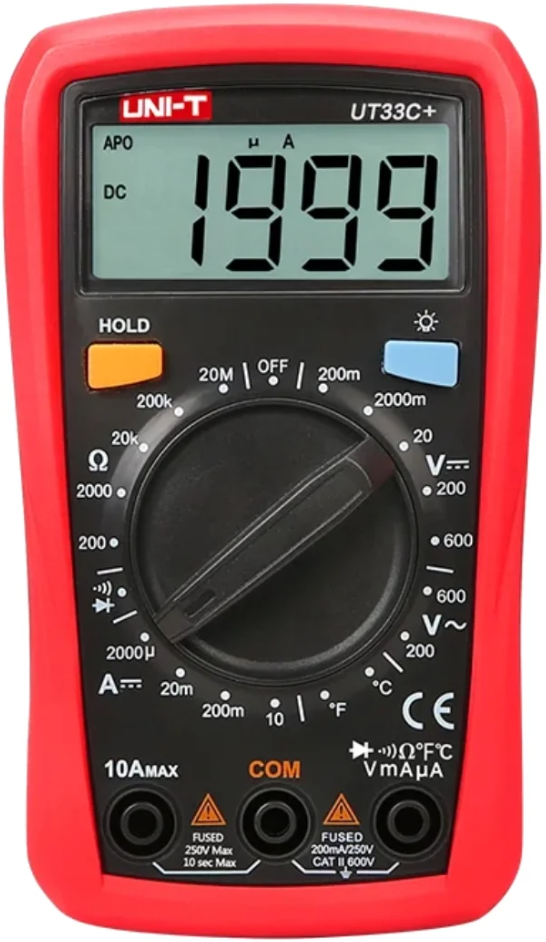 

Мультиметр UNI-T UT33C+ , 600В, 10А, 200МОм, ручной выбор диапазона измерений, режим измерения температуры, UT33C+