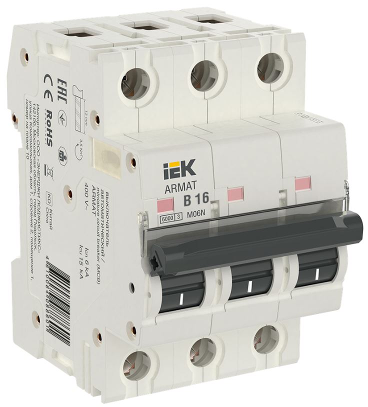 

Автоматический выключатель IEK AR-M06N-3-B016 ARMAT M06N 3P B 16А, AR-M06N-3-B016
