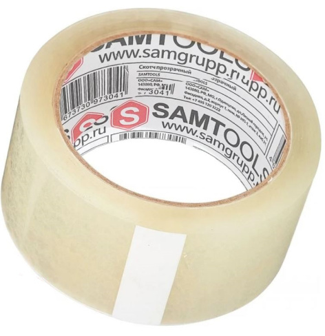 Изображение товара Прозрачный упаковочный скотч SAMGRUPP 50 мм × 100 м с диспенсером