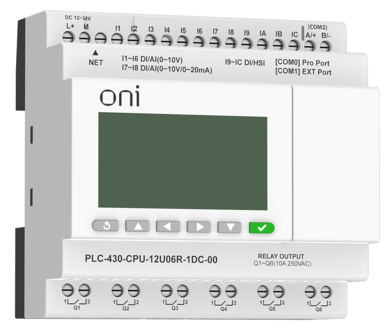 

Модуль ONI PLC-430-CPU-12U06R-1DC-00 ПЛК 430 ЦПУ 4 DI 6 UI (0-10 В/DI) 2 UI (0-10 В/0-20 мА/DI) 6 RO 24В DC с Ethernet портом с экраном, PLC-430-CPU-12U06R-1DC-00