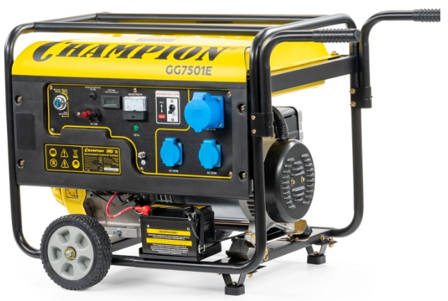 

Генератор бензиновый CHAMPION GG7501E (6/6,5кВт OHV420 15лс 25л 83,3кг 2,6л/ч 12V эл.старт колеса), GG7501E