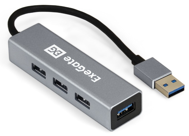 Концентратор Exegate EX293981RUS 4-в-1 (кабель-адаптер USB3.0 --> 4xUSB3.0, Plug&Play, серебристый)