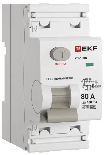 

УЗО EKF E1026MA80100 ВДТ ВД-100N 2P 80А 100мА A эл-мех 6кА PROXIMA, E1026MA80100