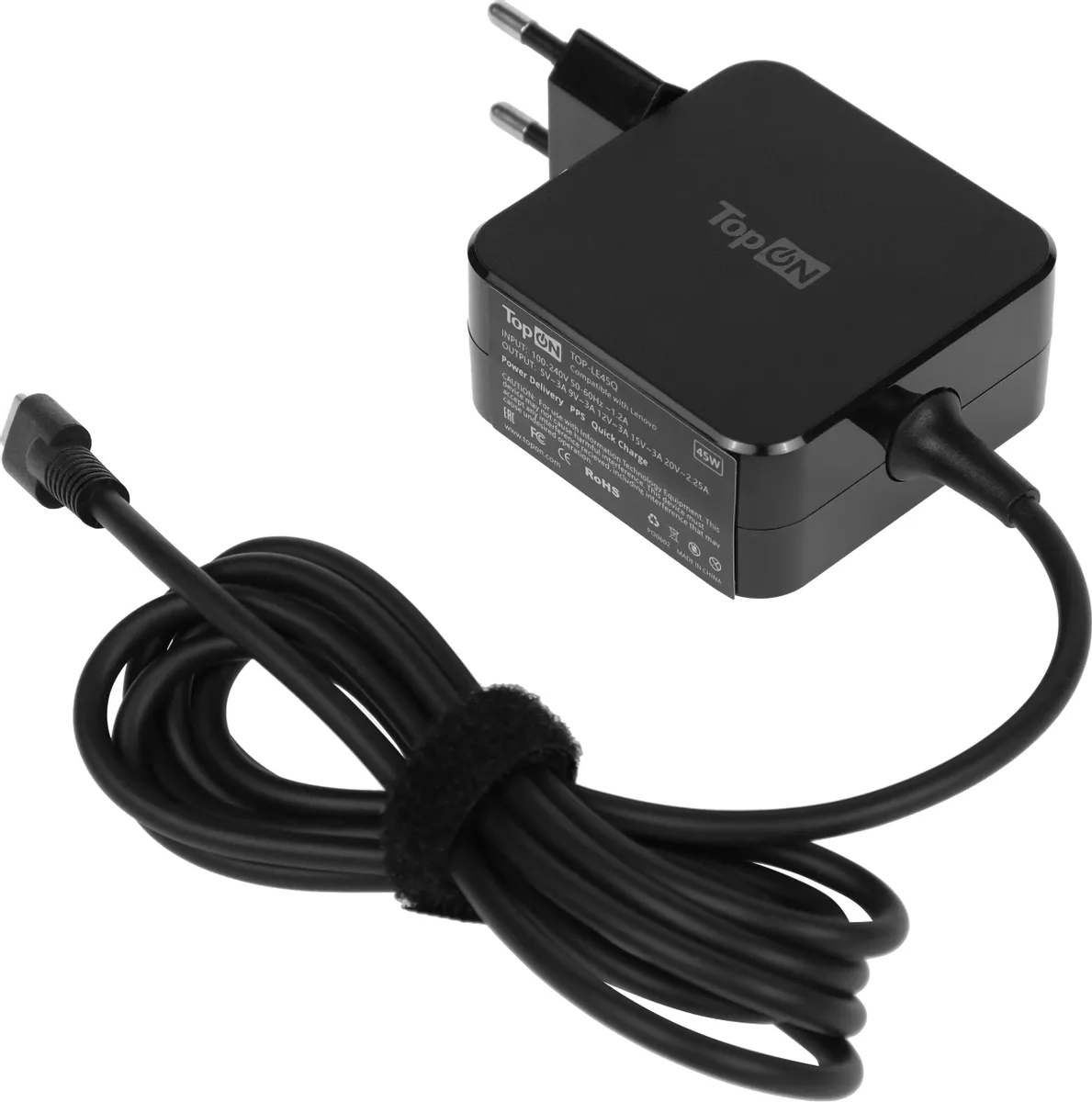 

Блок питания TopOn TOP-LE45Q для ноутбука Lenovo 45W кабель Type-C, PD, QC 3.0, в розетку, кабель 180 см, черный, TOP-LE45Q