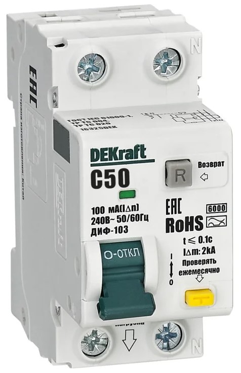 

Автомат дифференциальный DEKraft 16325DEK (АВДТ) 1P+N 50А 100мА AC х-ка C ДИФ-103 6кА, 16325DEK